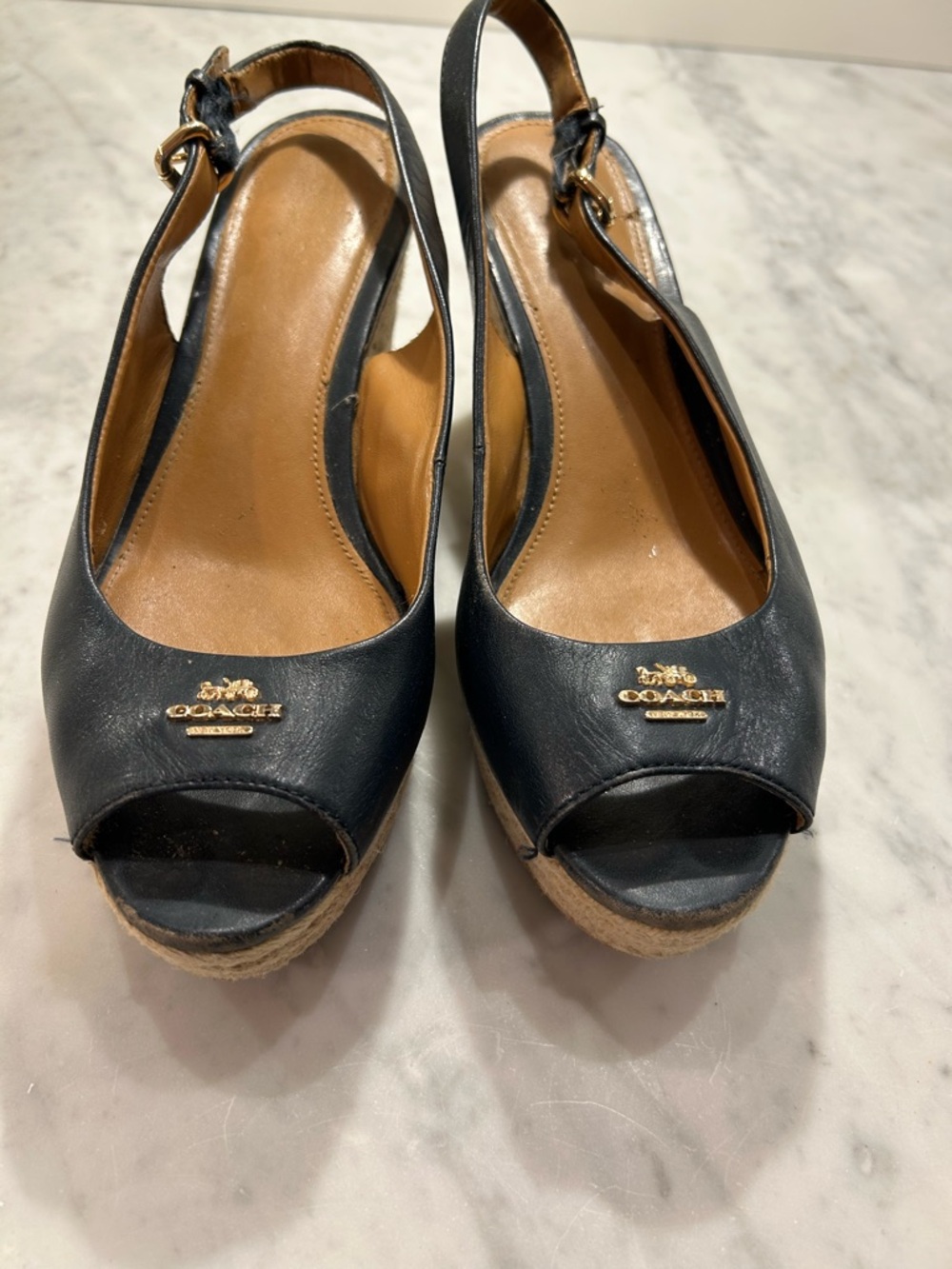 Coach Navy Blue Leather Peep-Toe Espadrille Wedges with Gold Logo